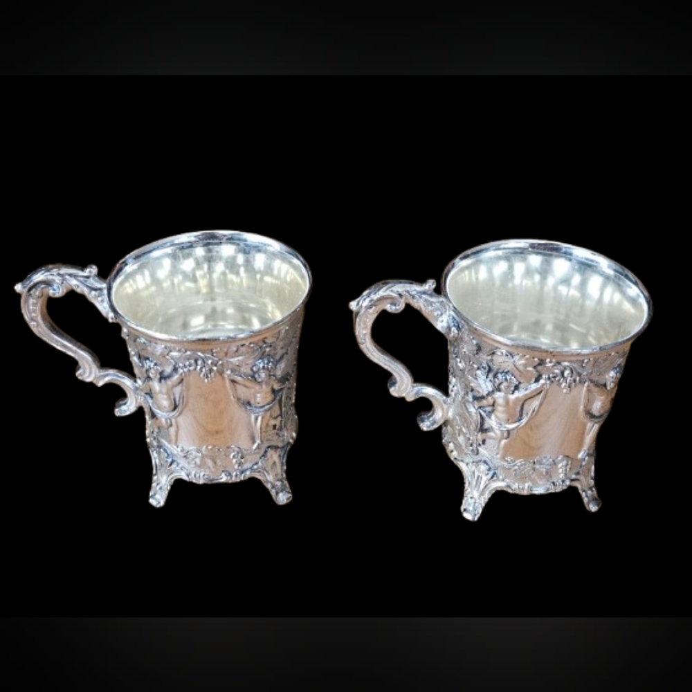 *Vintage Corbell & Co Silver Plated Handled Cupid Christening Cups Set of 2